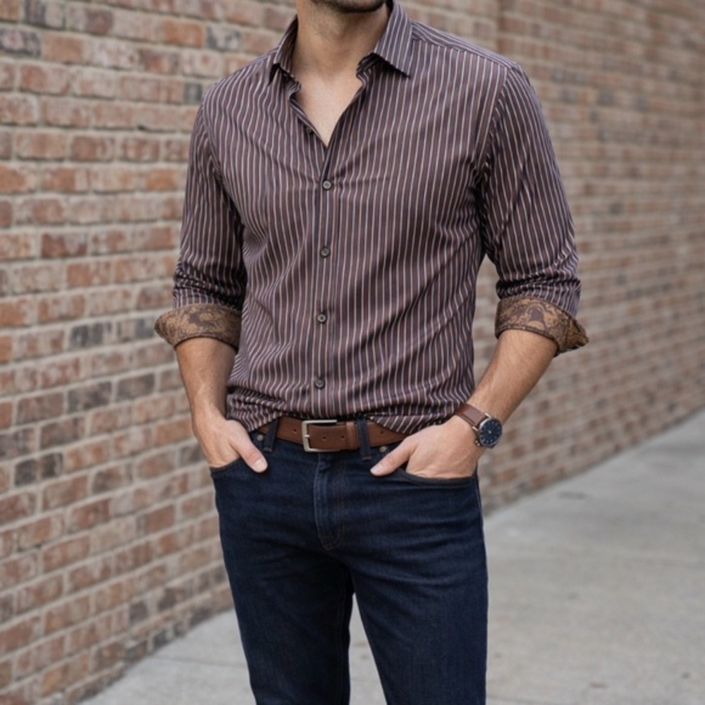 English Laundry Men's Brown, Navy  and White Striped Shirt - Size 17.5, 34/35